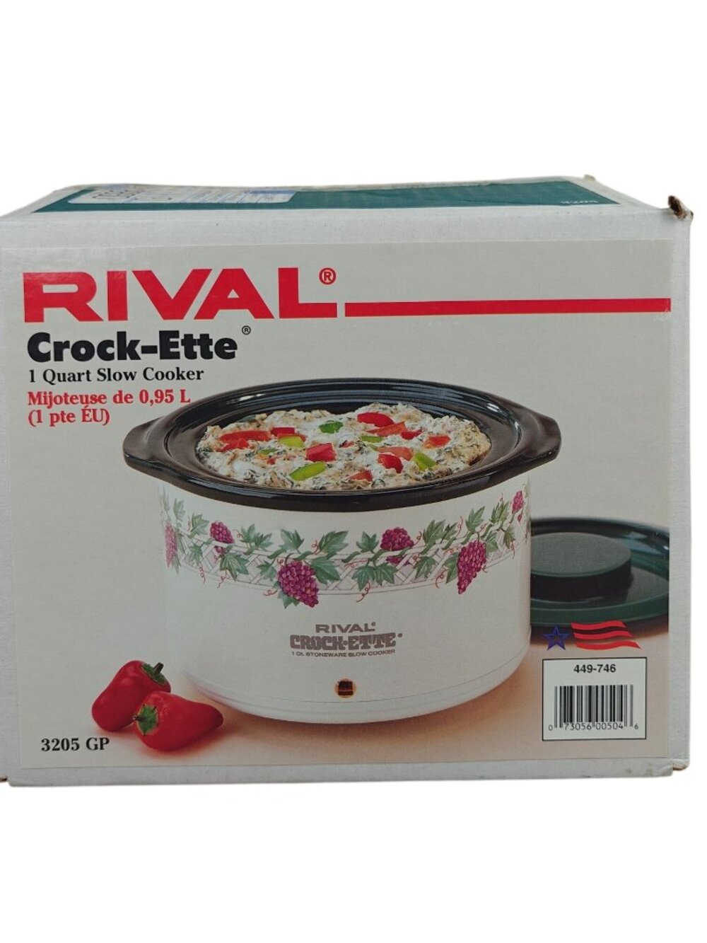 NEW Vintage Rival Crock-Ette 1 Qt Slow Cooker Stoneware Grapevine Pattern White